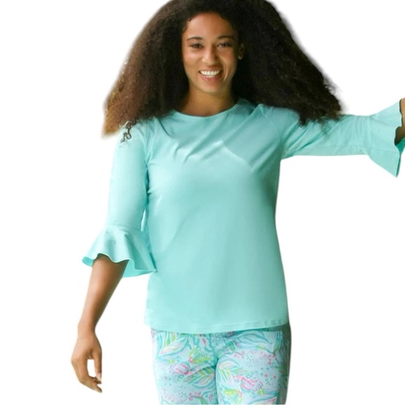 GREEN ENVELOPE Los Angeles Aqua Ruffle Sleeve Women's Top Spring Blouse Small - Picture 1 of 9